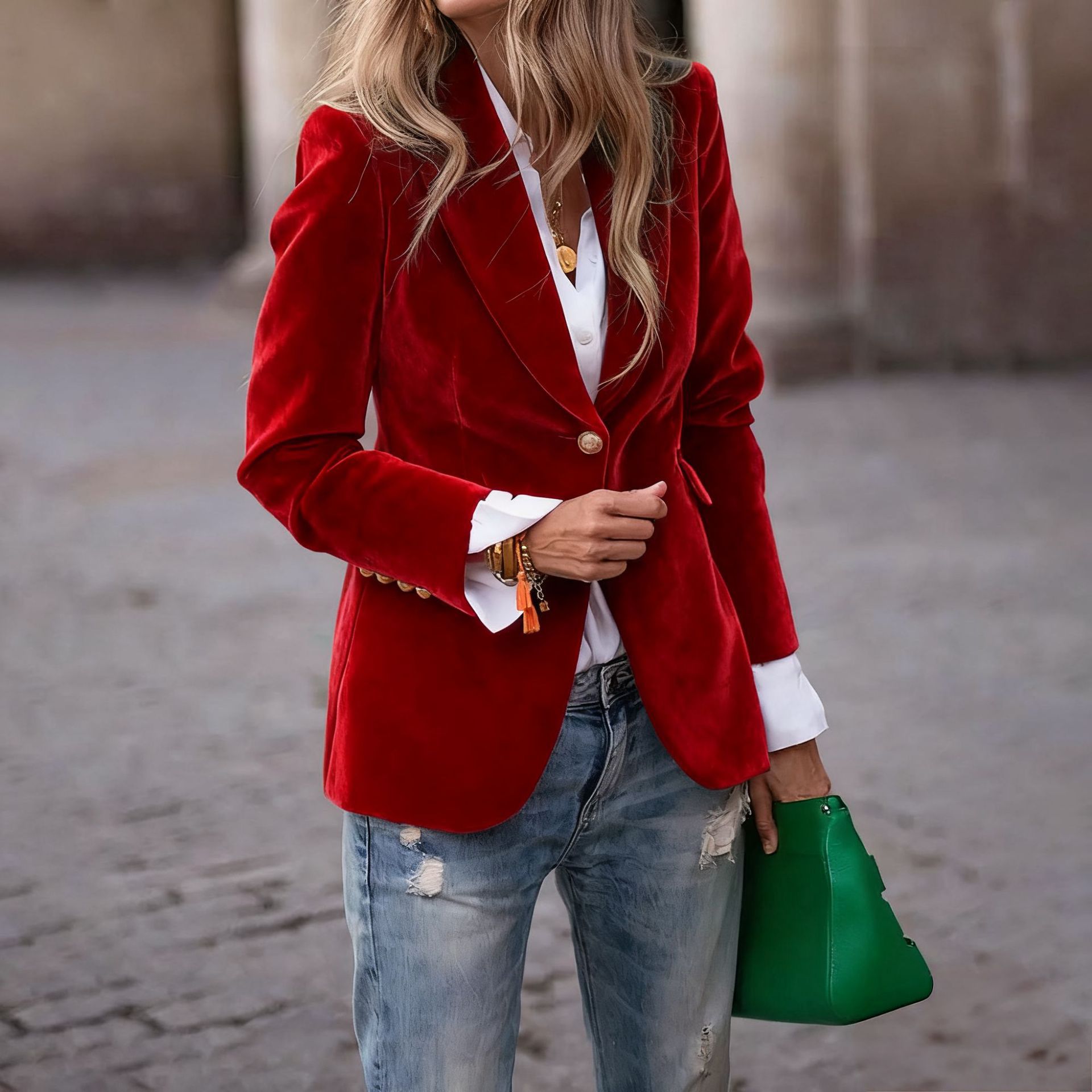 Women's Velvet Blazer, Elegant Lapel Single Button Slim Fit Velvet Suit Jacket, Fall Winter Faux Pocket Long Sleeve Formal Casual Outerwear