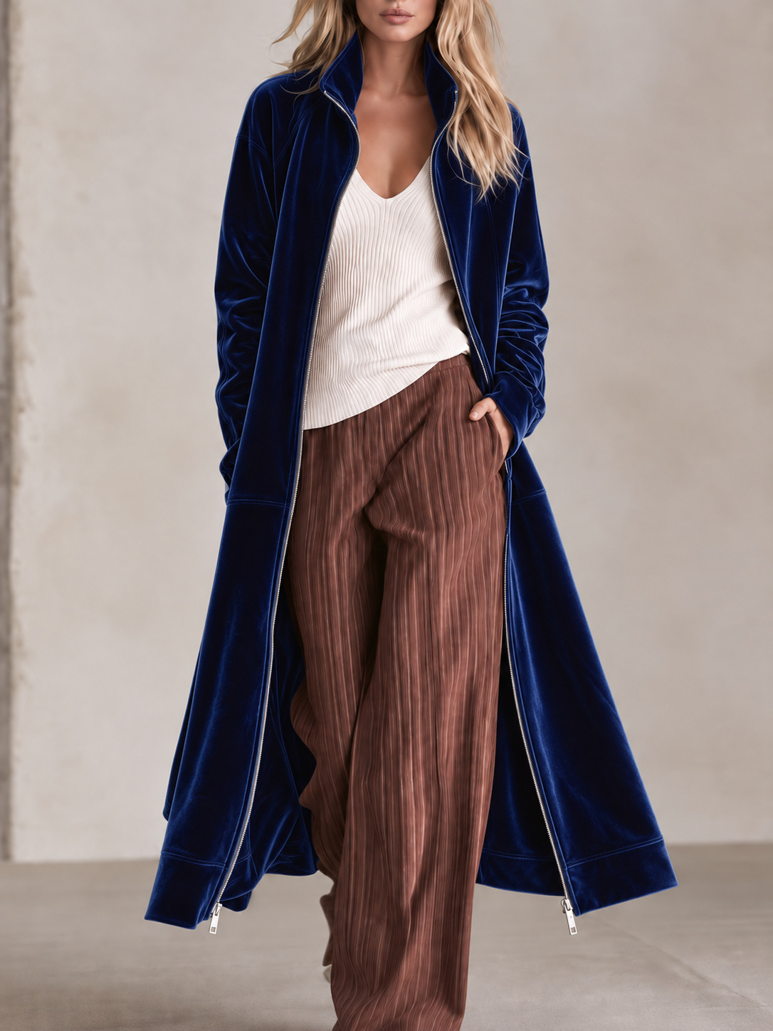 Women's Long Velvet Coat with Zipper Closure, Stand Collar Long Sleeve Jacket, Elegant Casual Lightweight Outerwear for Fall and Winter