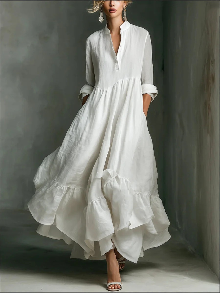 Women's White Maxi Dress, Long Sleeve Button Front Boho Dress with Ruffle Hem, Stand Collar Flowy High Waist Long Dress for Summer Vacation