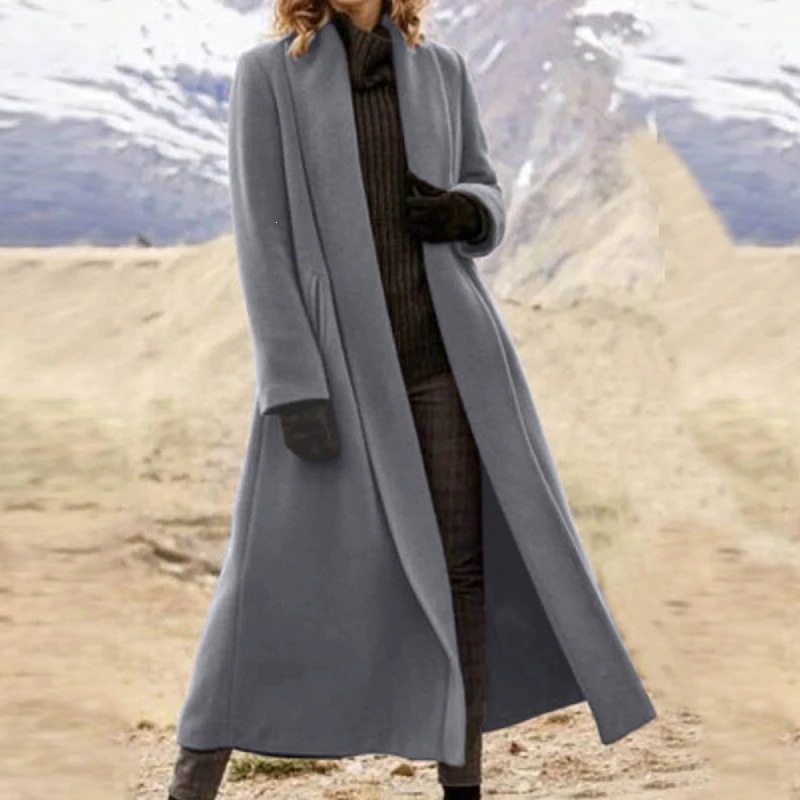Women's Long Coat – Elegant Open Front Lapel Jacket for Fall Winter