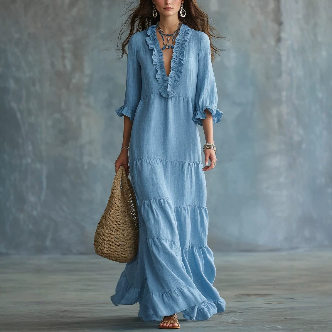 Women's Boho Maxi Dress, Ruffle Deep V Neck 3/4 Sleeve Flowy Tiered Long Dress, Loose Fit Casual Beach Vacation Resort Dress
