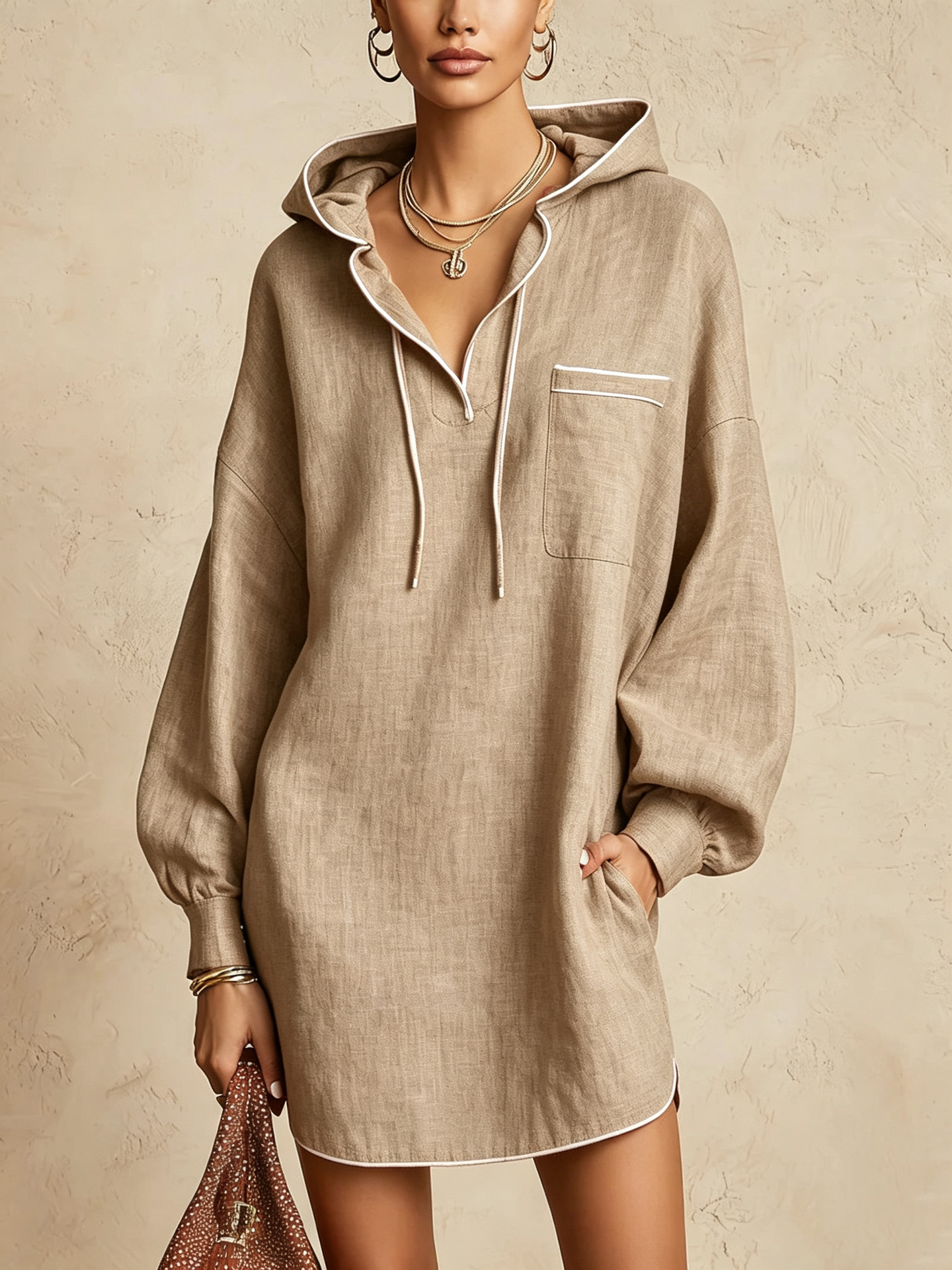 Women's Hooded Mini Dress, Long Sleeve Drawstring Hoodie Dress, Loose Fit Casual Tunic Dress with Contrast Piping and Chest Pocket, Khaki Vacation Outfit