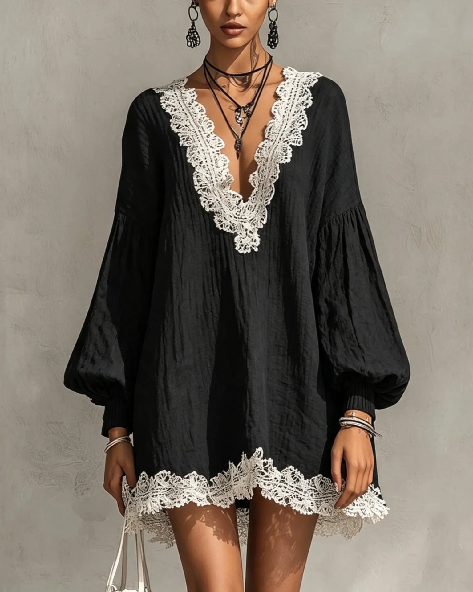 Women's Boho Mini Dress, Black Long Puff Sleeve Dress with White Lace Trim, Deep V Neck Loose Fit Tunic Dress, Romantic Vintage Casual Dress
