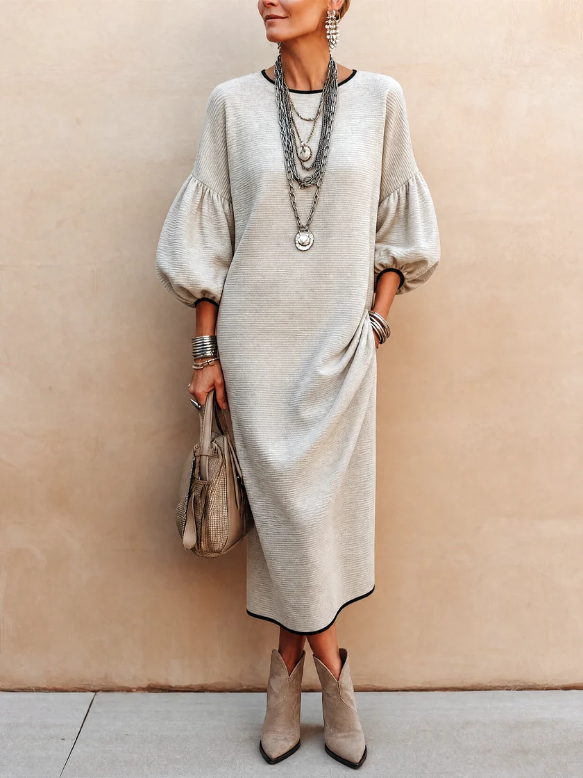 Women's Casual Midi Dress, Textured Long Sleeve Dress with Puff Sleeves, Round Neck Loose Fit Dress with Contrast Black Trim, Elegant Everyday Outfit