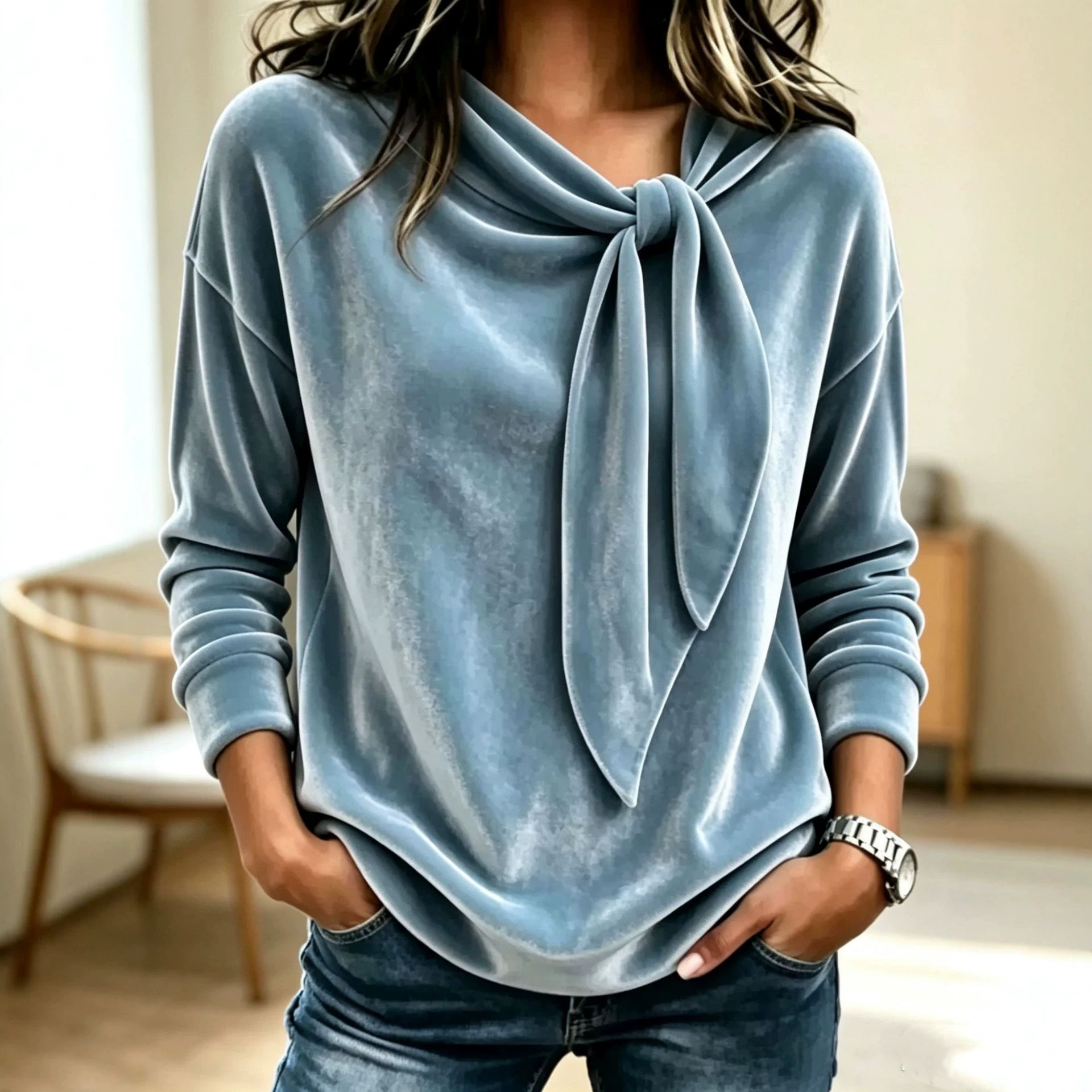 Women's Velvet Bow Neck Top, Long Sleeve Blouse with Tie Neck Detail, Elegant Loose Fit Satin-Look Velvet Shirt for Fall Winter Casual and Dressy Outfits