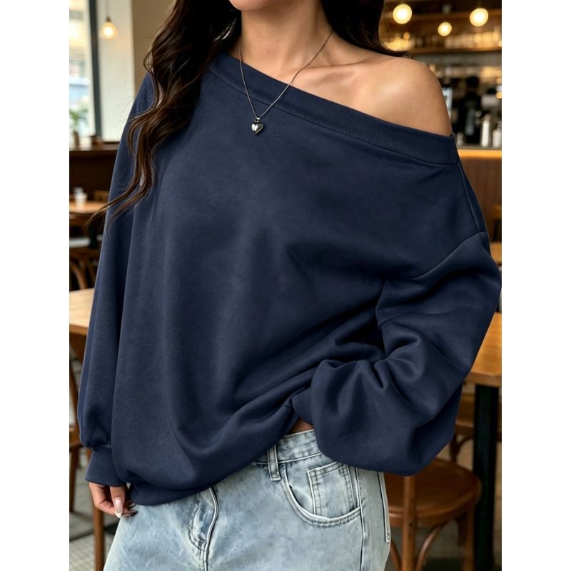 Women's Off Shoulder Sweatshirt, Long Sleeve Oversized Pullover Top, Asymmetric Neck Loose Fit Casual Slouchy Shirt for Fall Winter