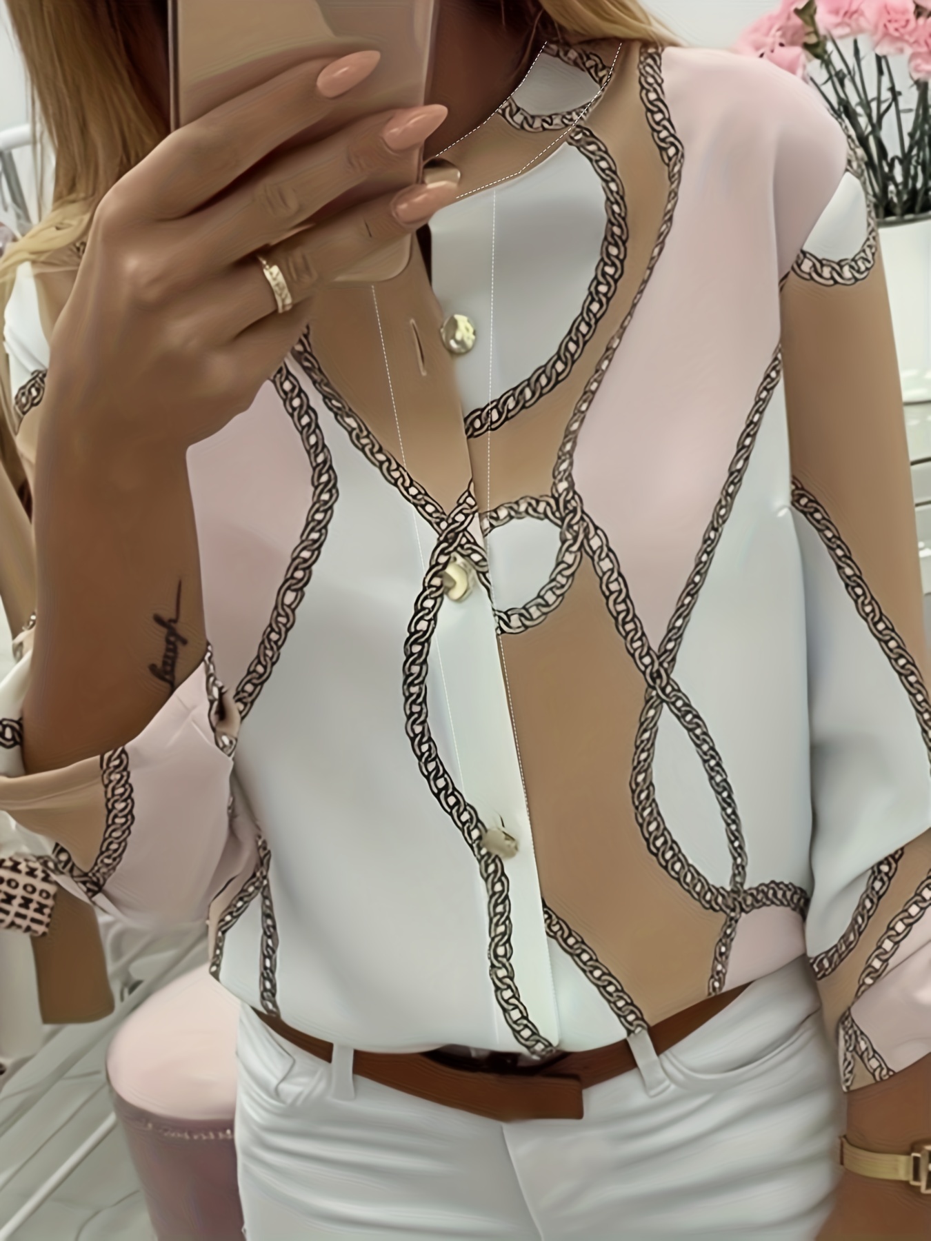 Women’s Casual Button Down Blouse – Long Sleeve Turn-Down Collar Shirt with Chain Print