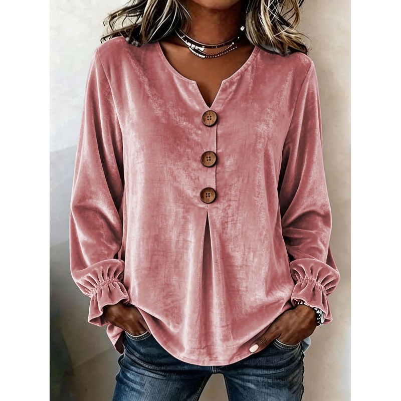 Women's Velvet Long Sleeve Blouse V Neck Button Down Top Soft Casual Loose Fit Shirt Elegant Fall Winter Pullover-gemscharms