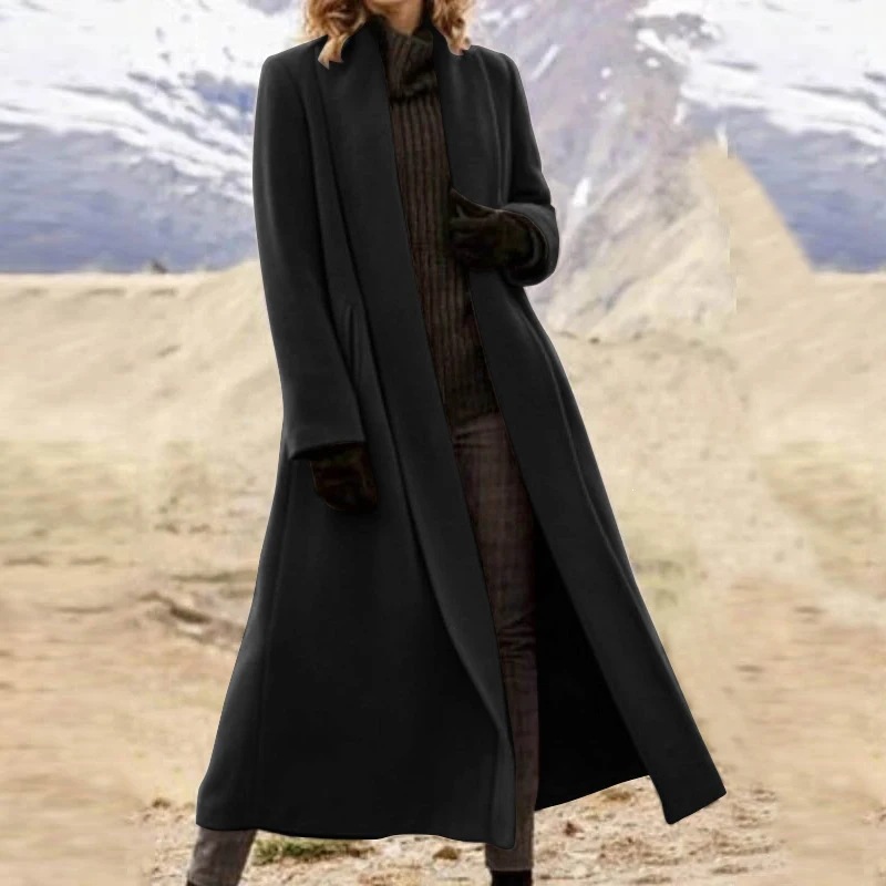 Women's Long Coat – Elegant Open Front Lapel Jacket for Fall Winter