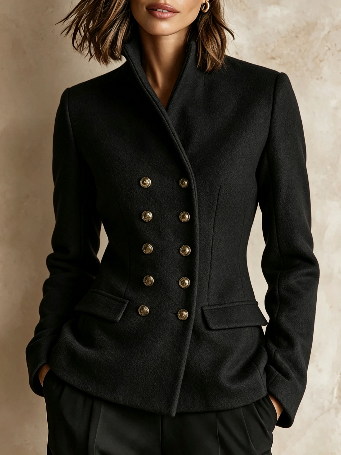 Women's Double-Breasted Blazer Jacket, Elegant Tailored Long Sleeve Blazer with Gold-Tone Buttons, Faux Pocket Design, Slim Waist Fit, Multiple Colors