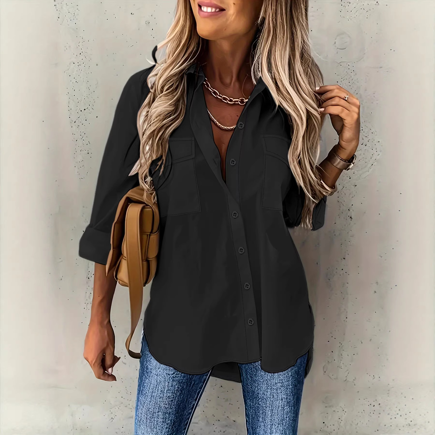 Women's White Button Down Shirt Long Sleeve Casual Blouse Oversized Collared Shirt with Pocket Loose Fit Office Work Top for Women
