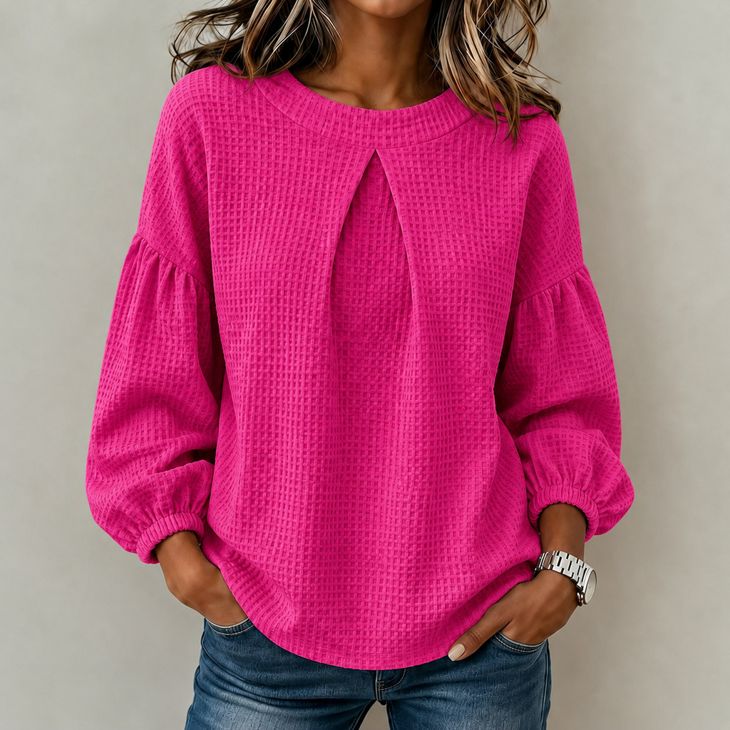 Women’s Solid Waffle Knit Lantern Sleeve Crew Neck Long Sleeve Tops