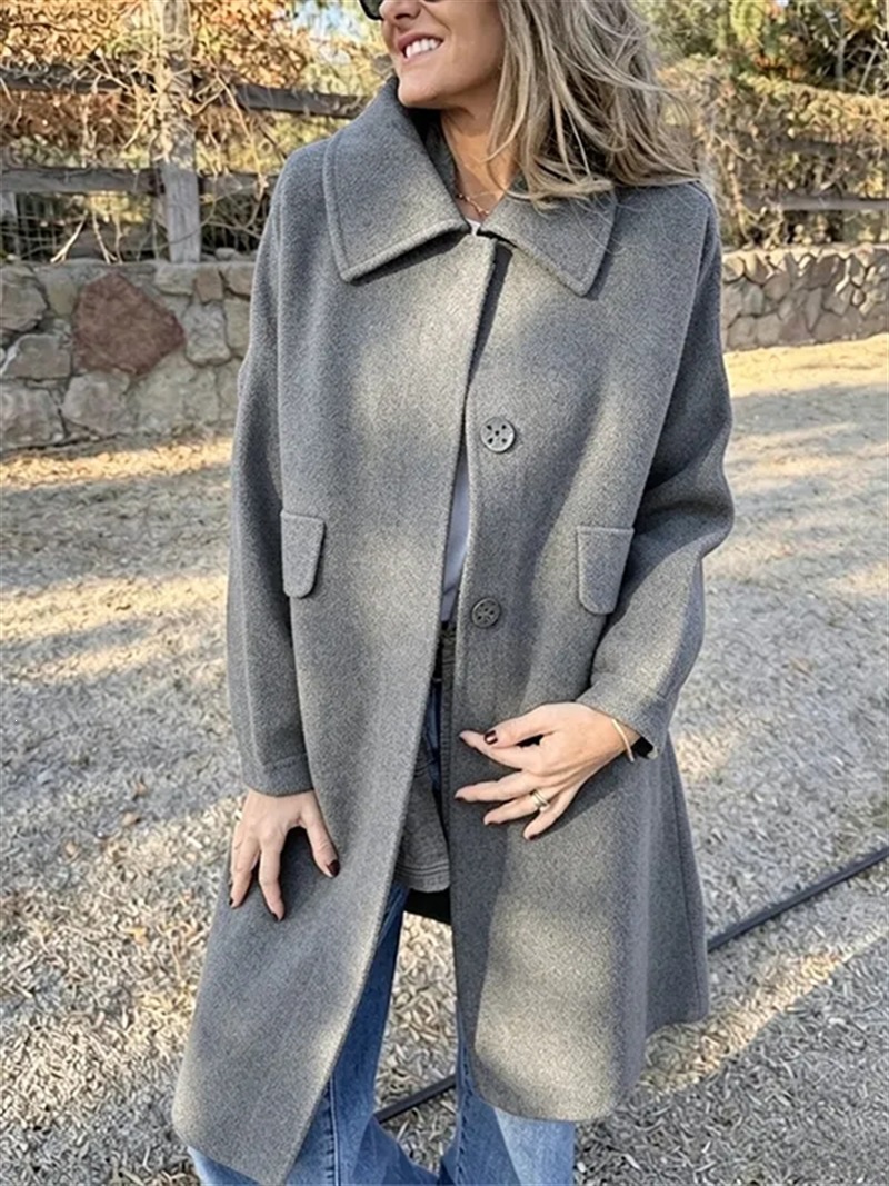 Women's Lapel Collar Mid‑Length Coat, Casual Single‑Breasted Loose Long Sleeve Outerwear, Polyester Fall Winter Warm Overcoat
