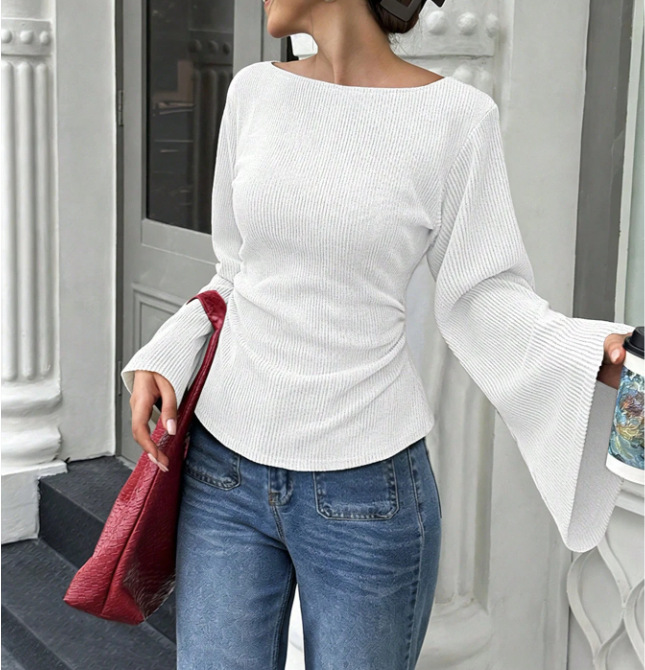 Women’s Ribbed Knit Bell Sleeve Top – Casual Slim Fit Crew Neck Long Sleeve Shirt