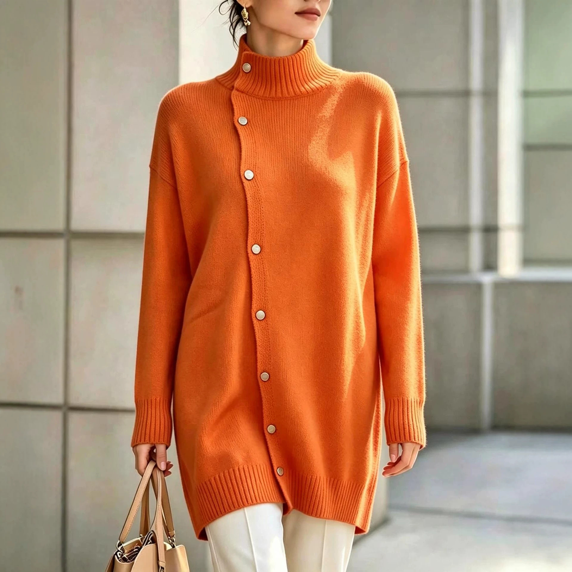 Women’s Turtleneck Button Front Sweater – Long Sleeve Oversized Knit Pullover Casual Cardigan Top