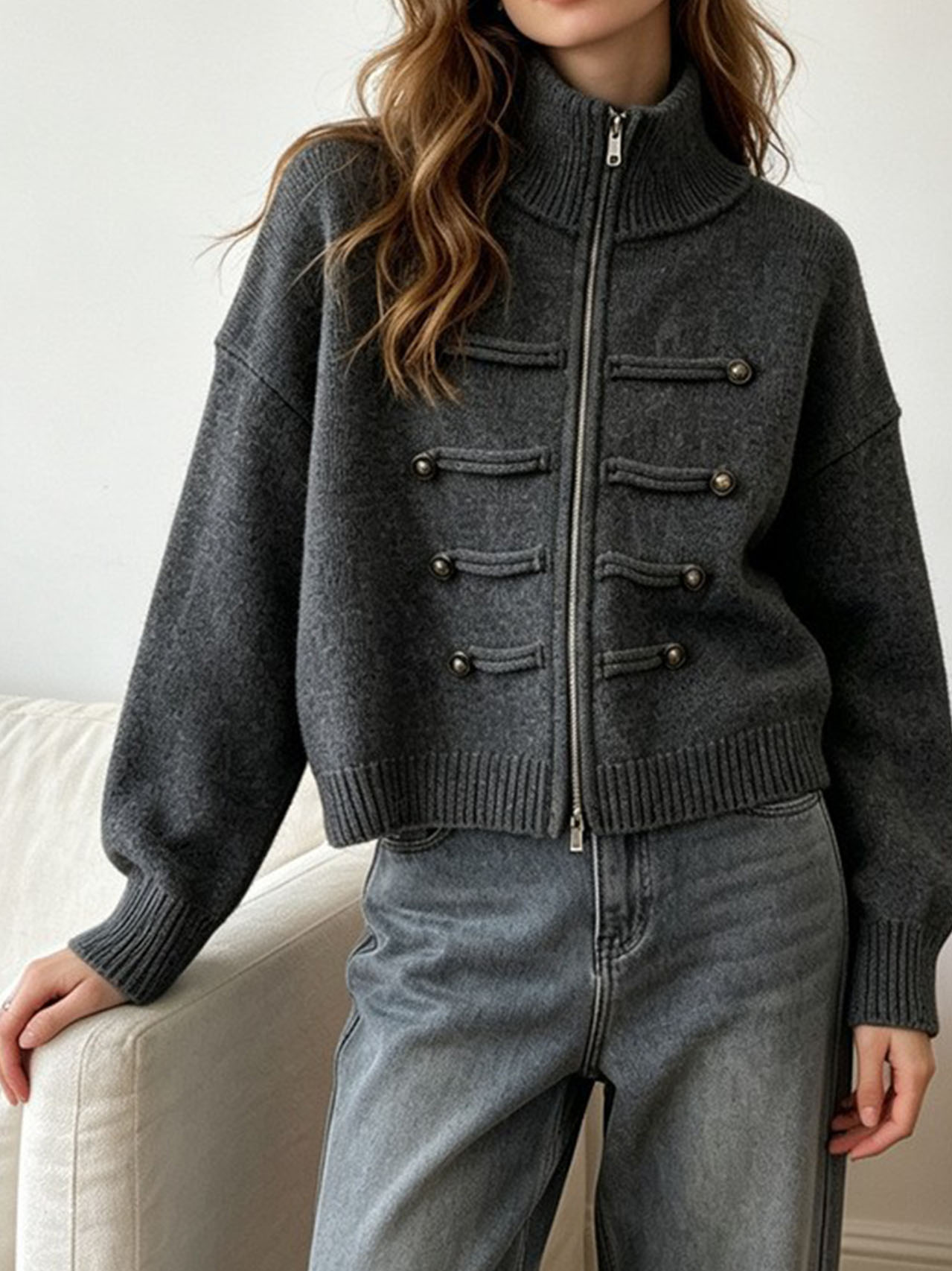 Women's Casual Mock Neck Zip Up Knit Sweater Long Sleeve Pullover Top, Solid Color Ribbed Knit Lightweight Sweater for Fall Winter