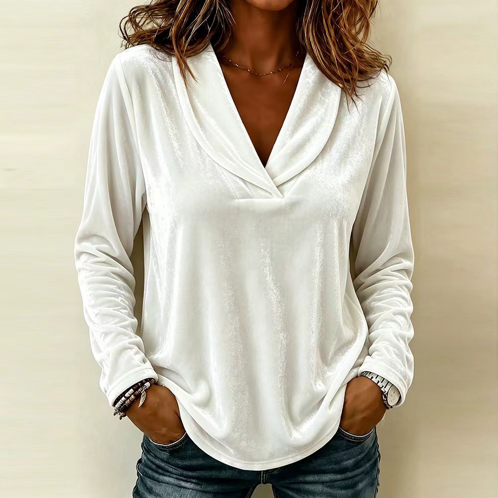 Women's Long Sleeve Velvet V Neck Tunic Top, Casual Solid Color Loose Fit Blouse Shirt, Soft Stretchy Pullover Top for Fall Winter-gemscharms