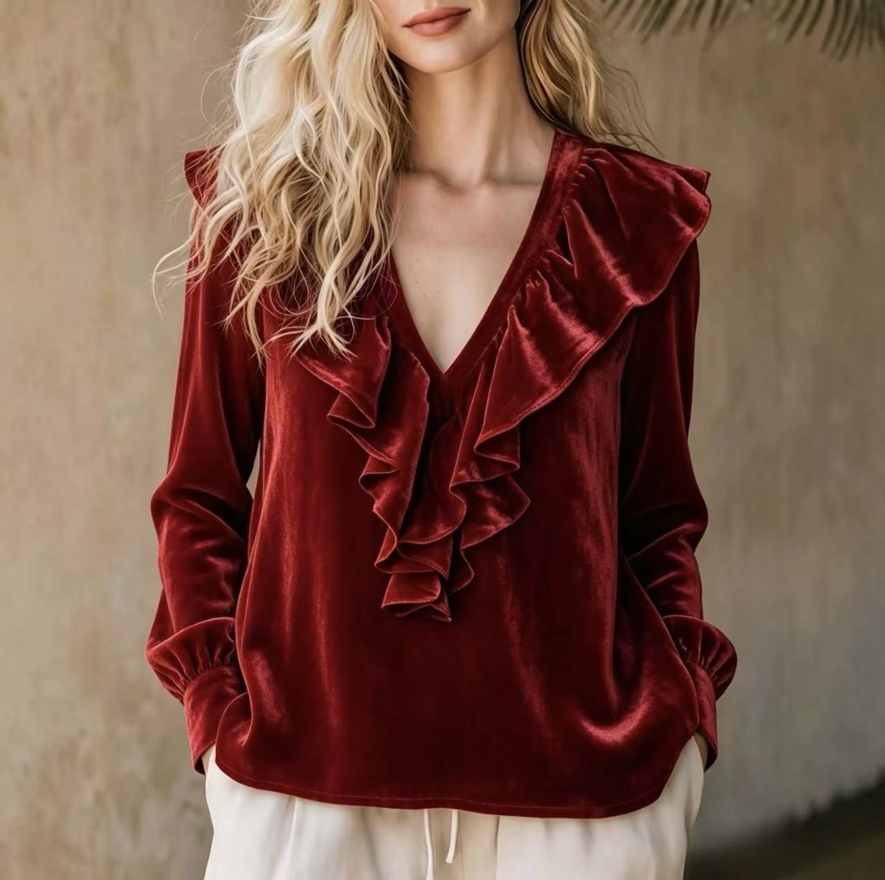 Women's Velvet Ruffle V Neck Long Sleeve Blouse, Elegant Solid Color Peplum Tunic Top with Side Pockets, Casual Dressy Shirt for Fall Winter-gemscharms