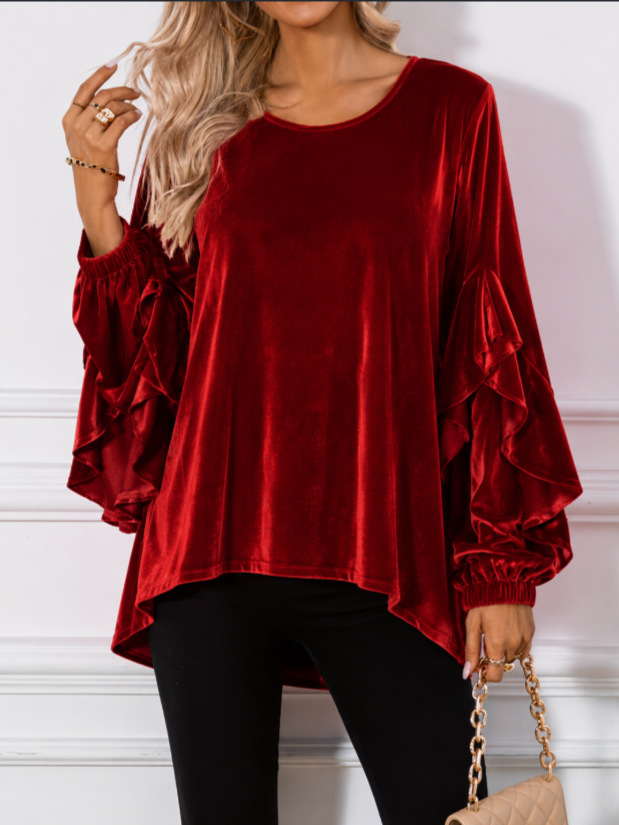 Women’s Velvet Ruffle Sleeve Top – Elegant Long Sleeve Crew Neck Blouse