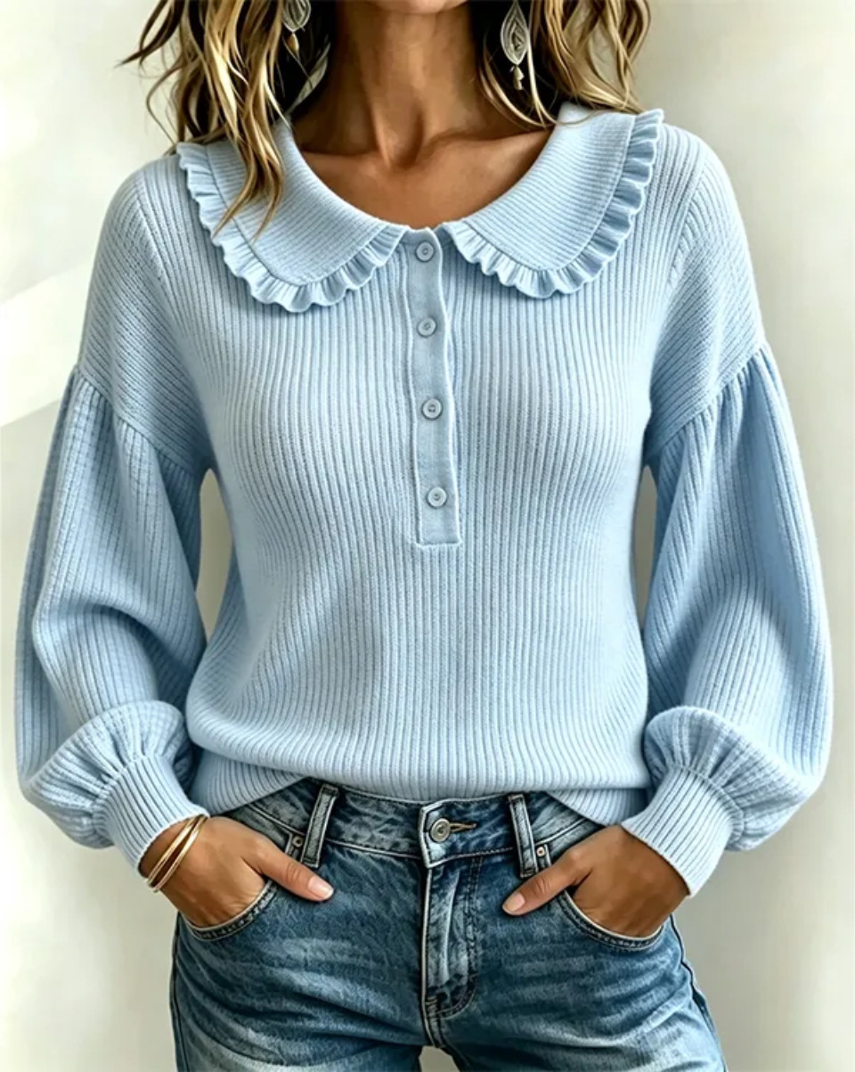 Women’s Ribbed Knit Sweater Top Long Sleeve Ruffle Peter Pan Collar Button Front Pullover Casual Cute Fall Winter Blouse