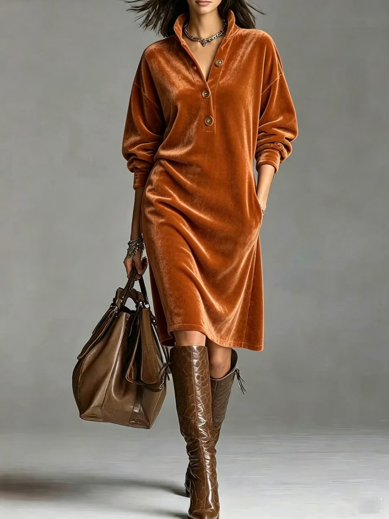 Women’s Velvet Shirt Dress – Long Sleeve Button Down Loose Fit Midi Dress