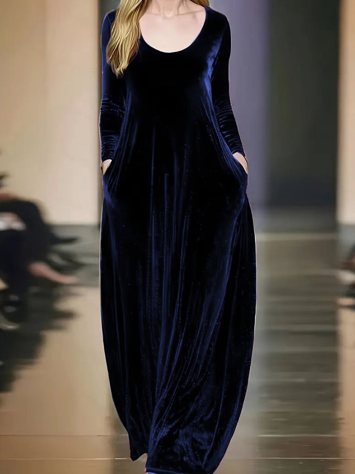 Women’s Long Sleeve Velvet Maxi Dress with Pockets