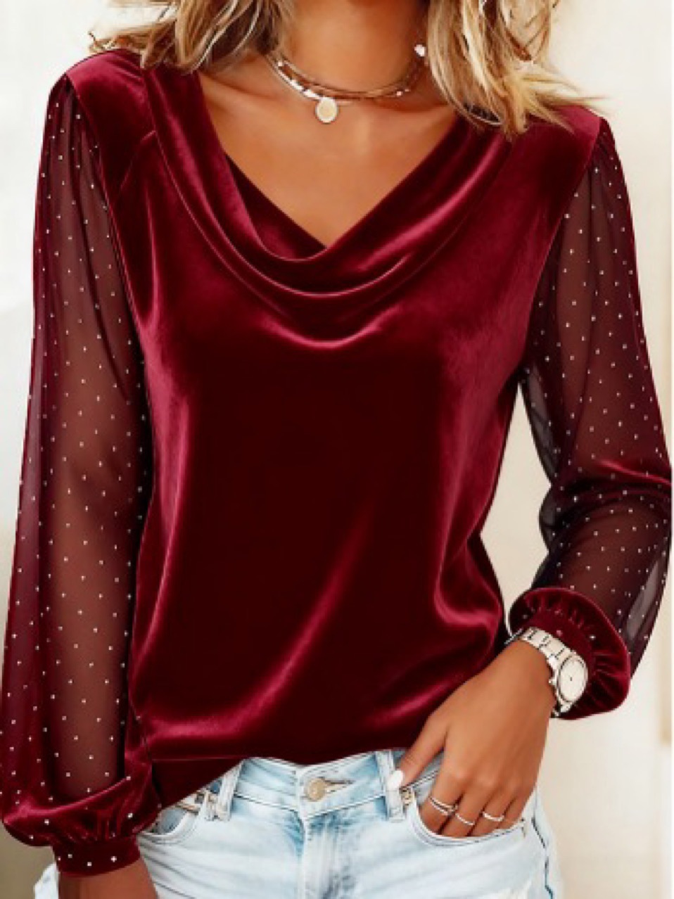 Women's Velvet Blouse Long Sleeve Sheer Mesh Sleeve Top Elegant Cowl Neck Party Casual Shirt