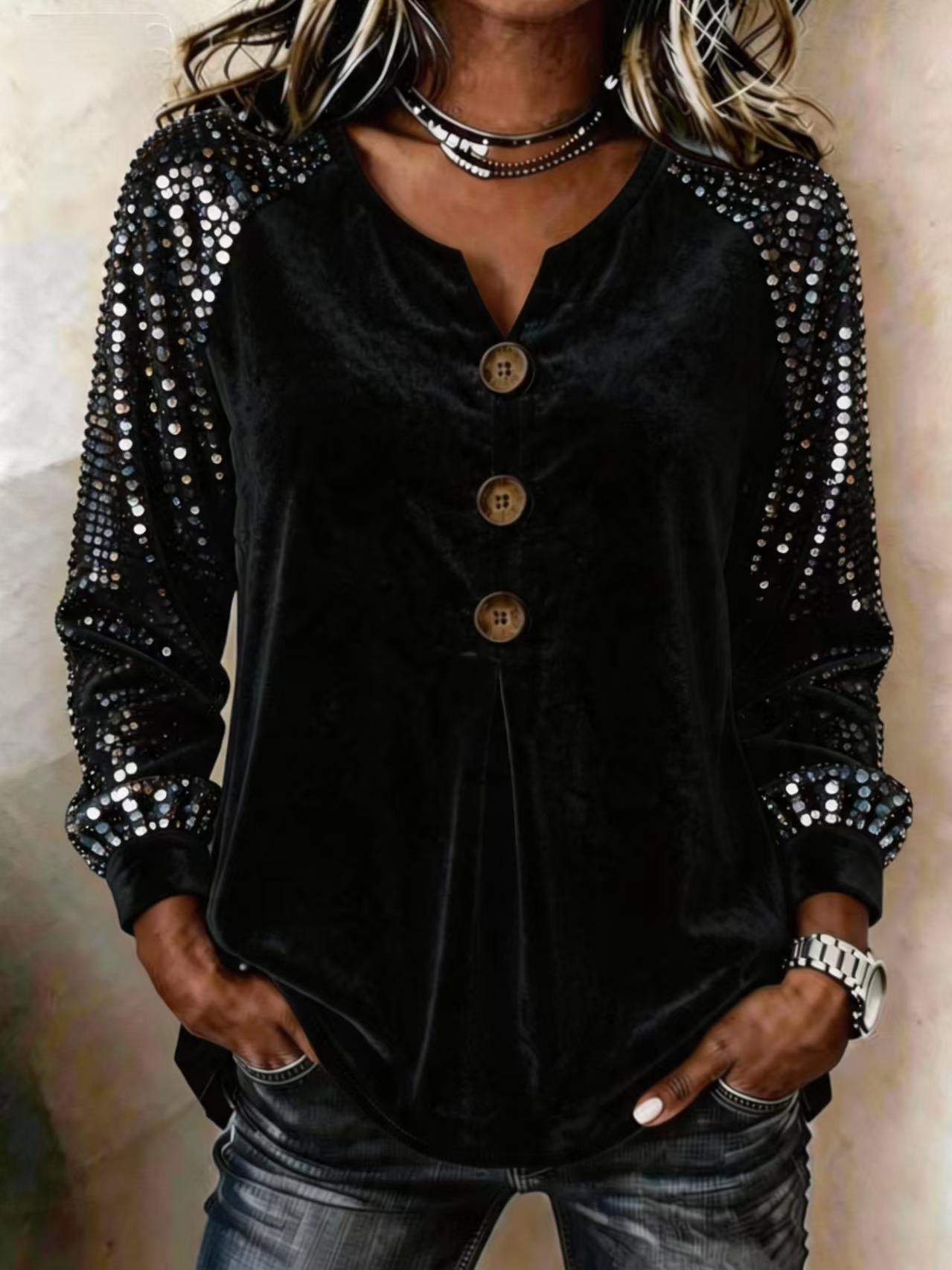 Women's Velvet Blouse Long Sleeve Sequin Sleeve Top V Neck Button Down Elegant Party Casual Shirt