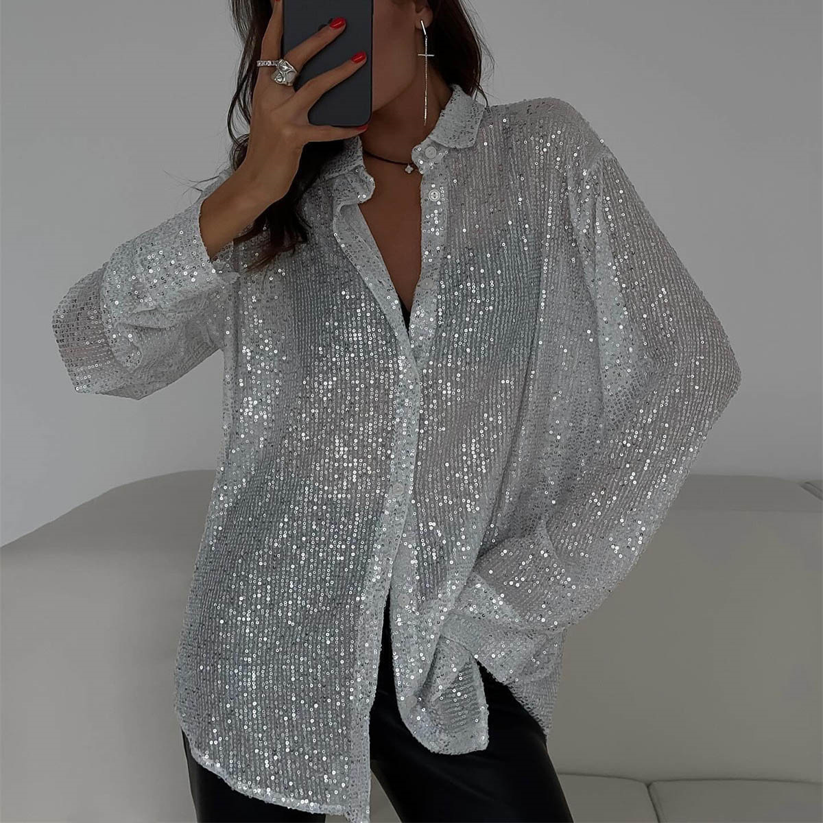 Women's Velvet Blouse Long Sleeve Sequin Sleeve Top V Neck Button Front Elegant Party Casual Shirt