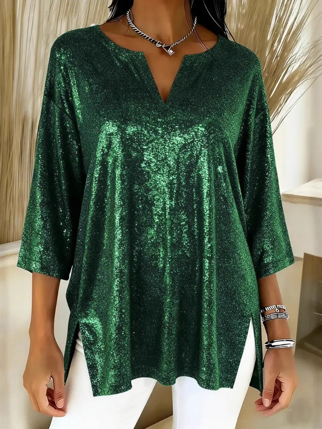 Women's Sequin Tunic Top – Sparkly 3/4 Sleeve Blouse with V Neck for Party, Evening, Holiday & Special Occasions