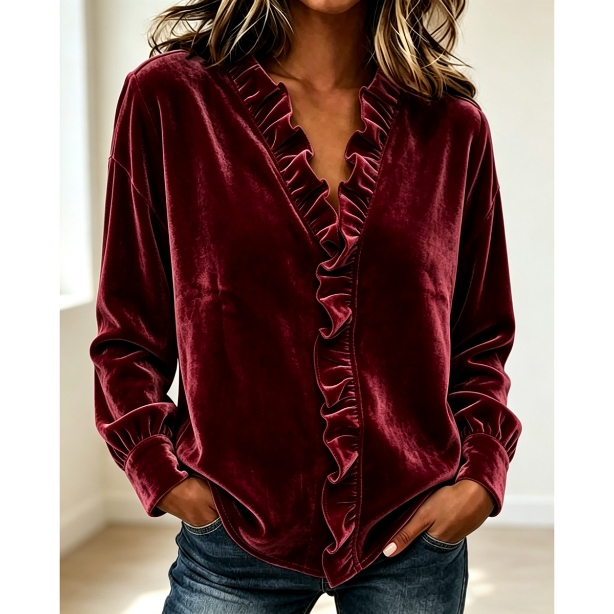 Women's Velvet V Neck Blouse Long Sleeve Ruffle Trim Tops Soft Casual Loose Fit Pullover Shirt Elegant Fall Winter Fashion Shirt