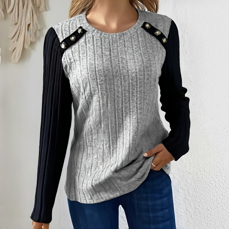 Women’s Ribbed Knit Long Sleeve Sweater – Round Neck Button Shoulder Pullover Top