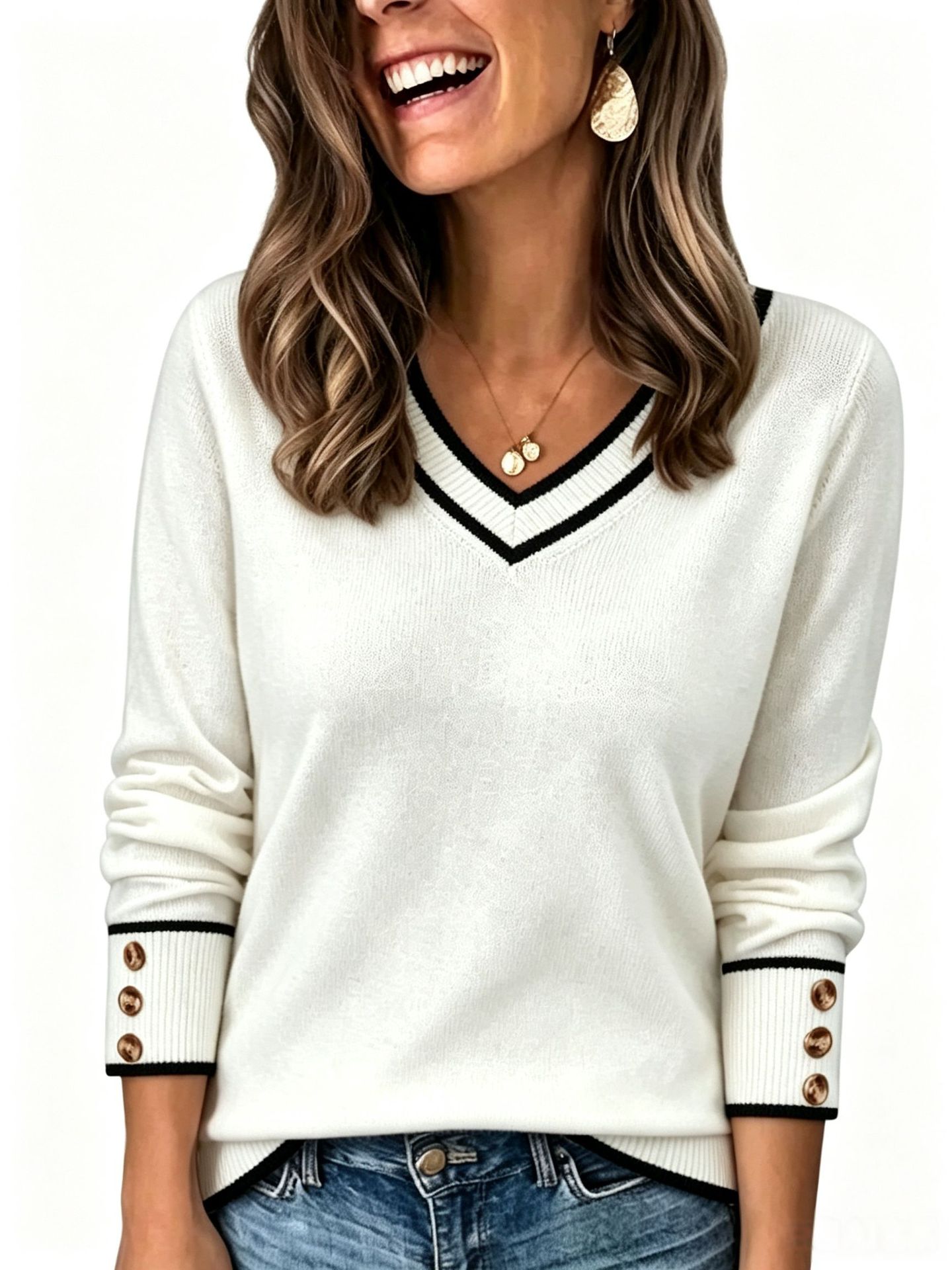 Women’s V Neck Knit Sweater Long Sleeve Pullover Tops with Contrast Trim Cuffs Button Detail Casual Loose Fit Sweater Shirt Fall Winter Fashion Clothing