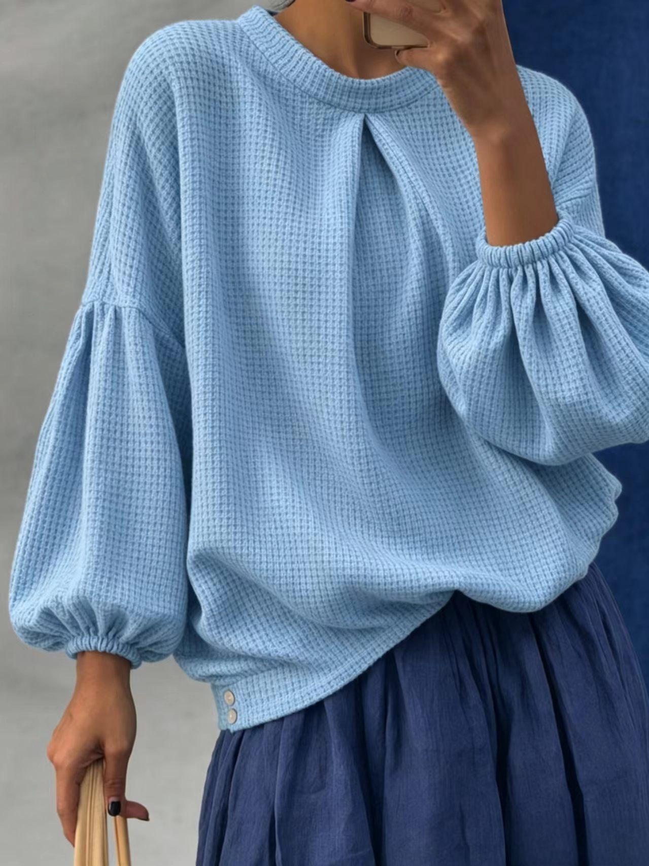 Women's Waffle Knit Puff Sleeve Top, Long Sleeve Crew Neck Casual Pullover Shirt, Loose Fit Textured Blouse for Fall Winter