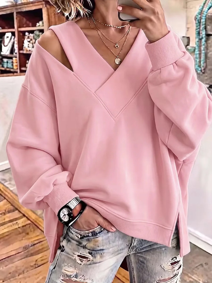Women's Oversized V Neck Sweatshirt, Off Shoulder Loose Fit Pullover Top, Long Sleeve Casual Hoodie Style Shirt for Fall Winter
