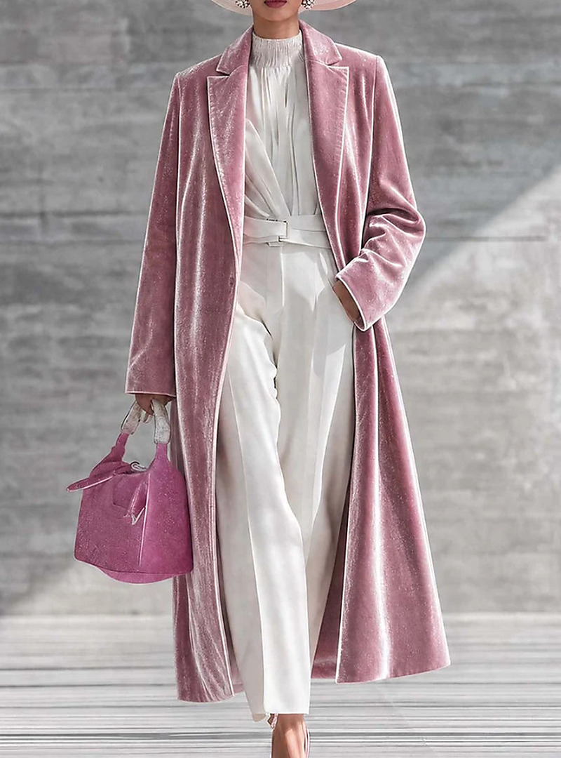 Women's Velvet Long Coat, Elegant Lapel Collar Over Knee Trench Coat, Soft Plush Long Sleeve Open Front Outerwear Jacket for Fall Winter