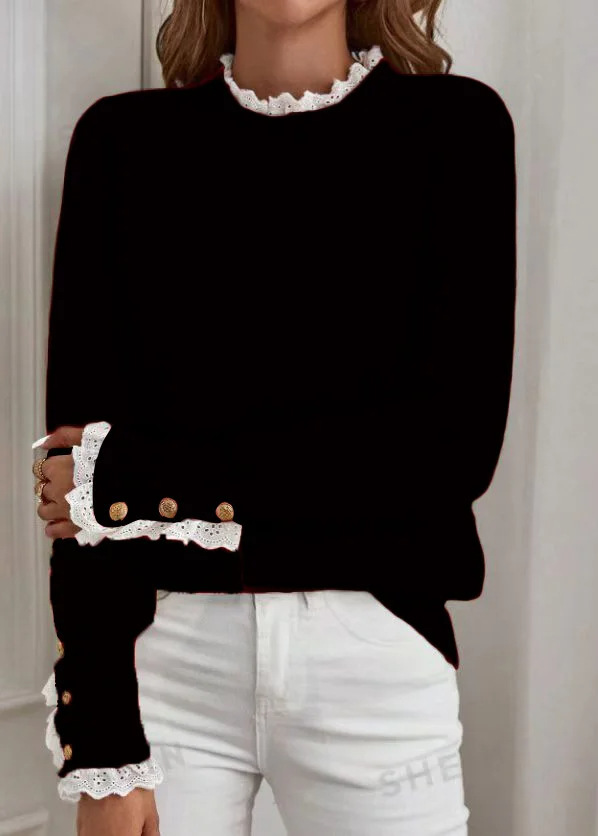 Women's Elegant Lace Trim Knit Sweater Crew Neck Long Sleeve Pullover Tops Soft Casual Chic Fall Winter Sweater Blouse