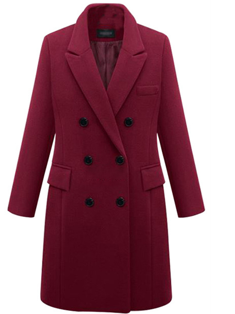 Women's Double Breasted Midi Coat, Notched Lapel Long Sleeve Polyester Dress Coat, Classic Solid Formal Work Outerwear  