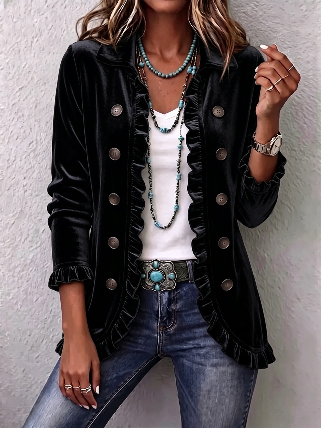 Women's Velvet Button Down Jacket, Long Sleeve Ruffle Trim Collared Velour Open Front Cardigan Coat, Fall Winter Casual Outerwear