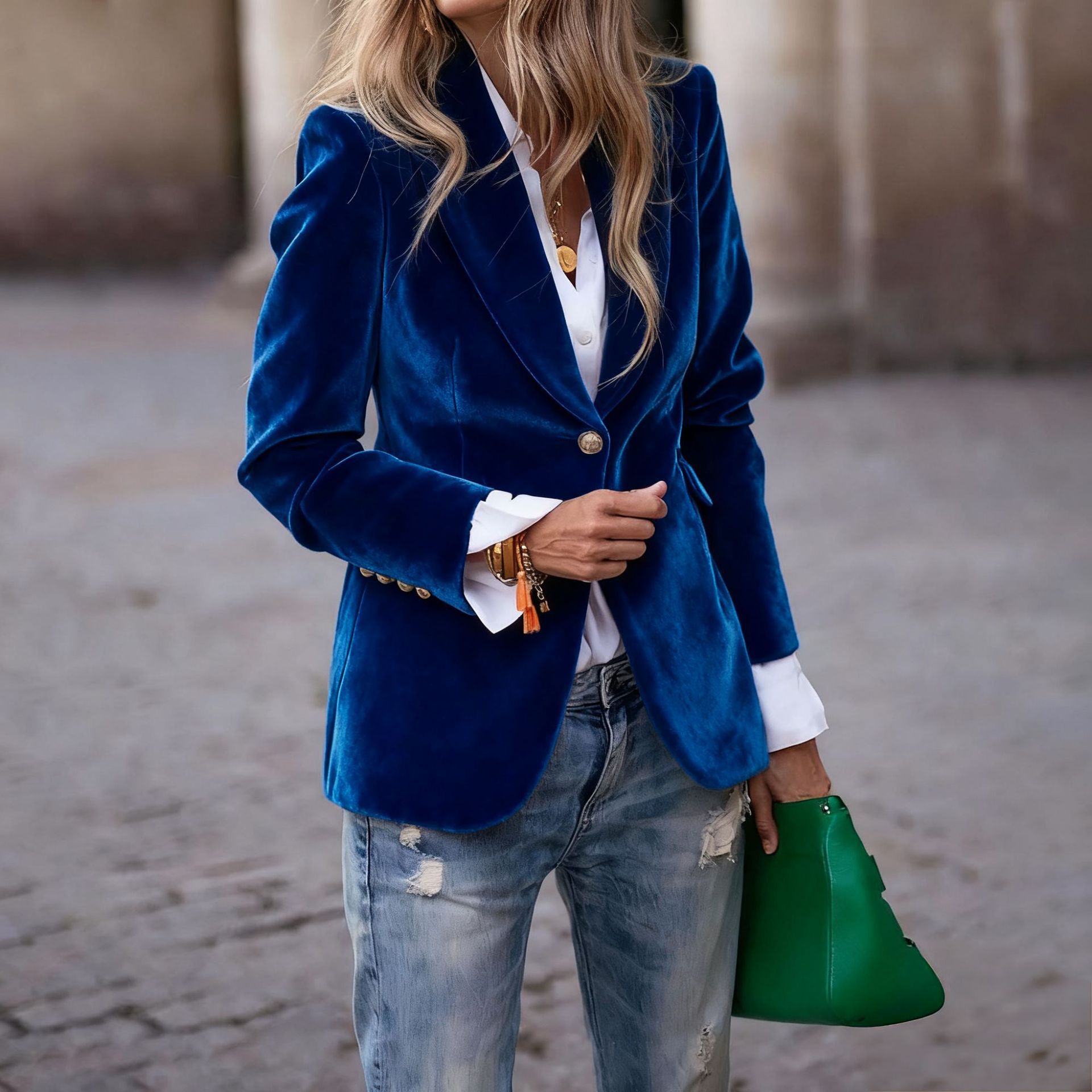 Women's Velvet Blazer, Elegant Lapel Single Button Slim Fit Velvet Suit Jacket, Fall Winter Faux Pocket Long Sleeve Formal Casual Outerwear