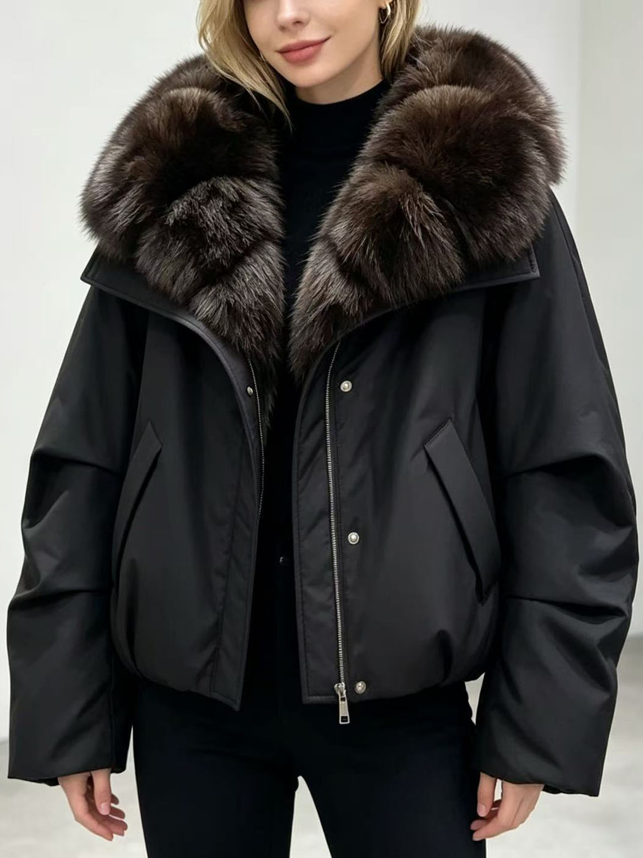 Women's Winter Puffer Jacket with Faux Fur Collar, Polyester Quilted Coat, Warm Short Parka Outerwear, Elegant Casual Winter Jacket for Women