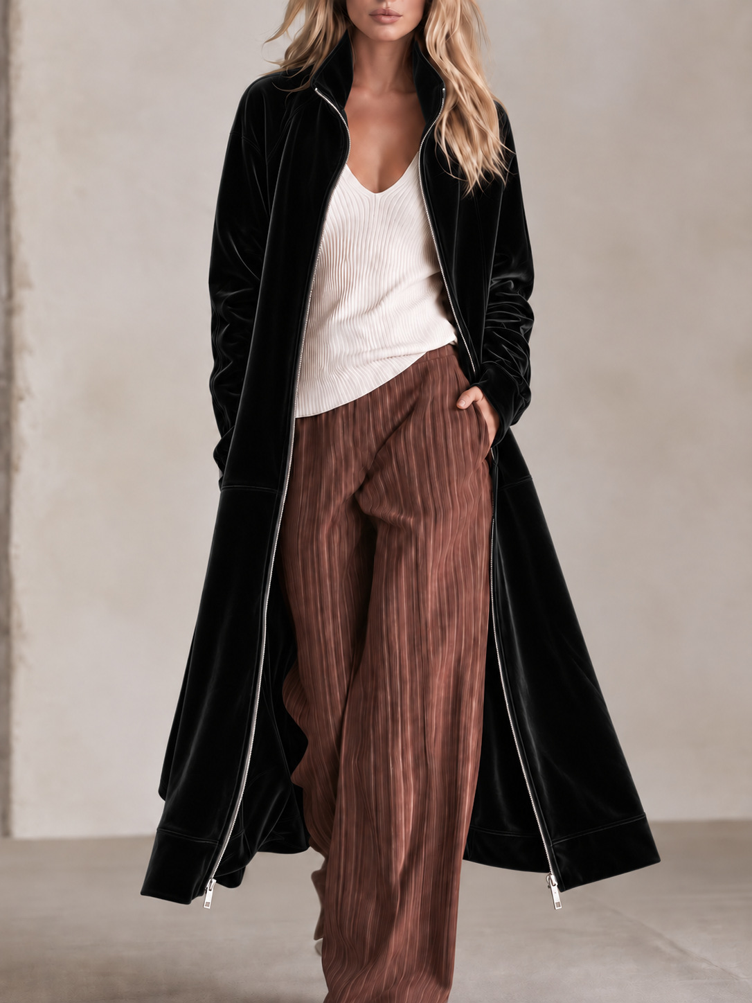 Women's Long Velvet Coat with Zipper Closure, Stand Collar Long Sleeve Jacket, Elegant Casual Lightweight Outerwear for Fall and Winter