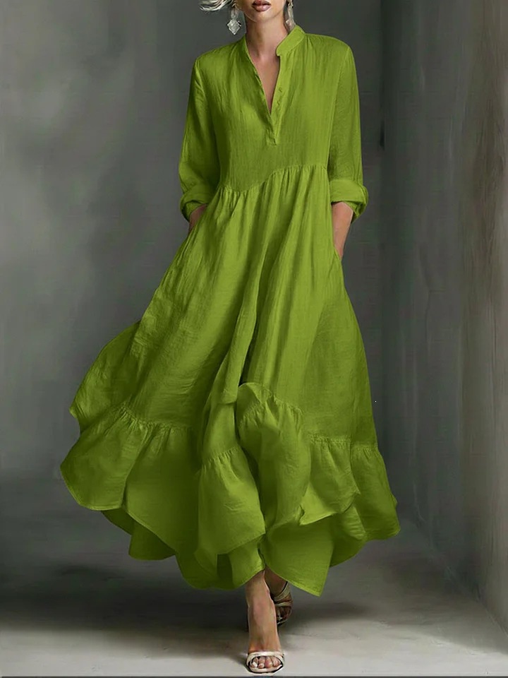 Women's White Maxi Dress, Long Sleeve Button Front Boho Dress with Ruffle Hem, Stand Collar Flowy High Waist Long Dress for Summer Vacation