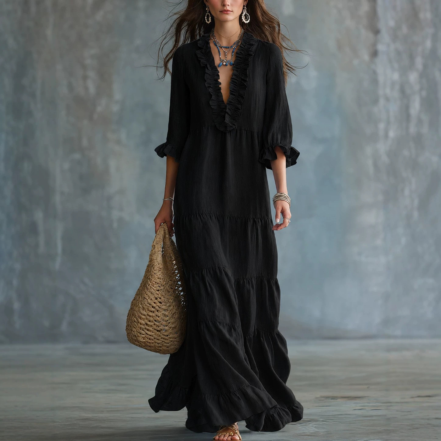 Women's Boho Maxi Dress, Ruffle Deep V Neck 3/4 Sleeve Flowy Tiered Long Dress, Loose Fit Casual Beach Vacation Resort Dress