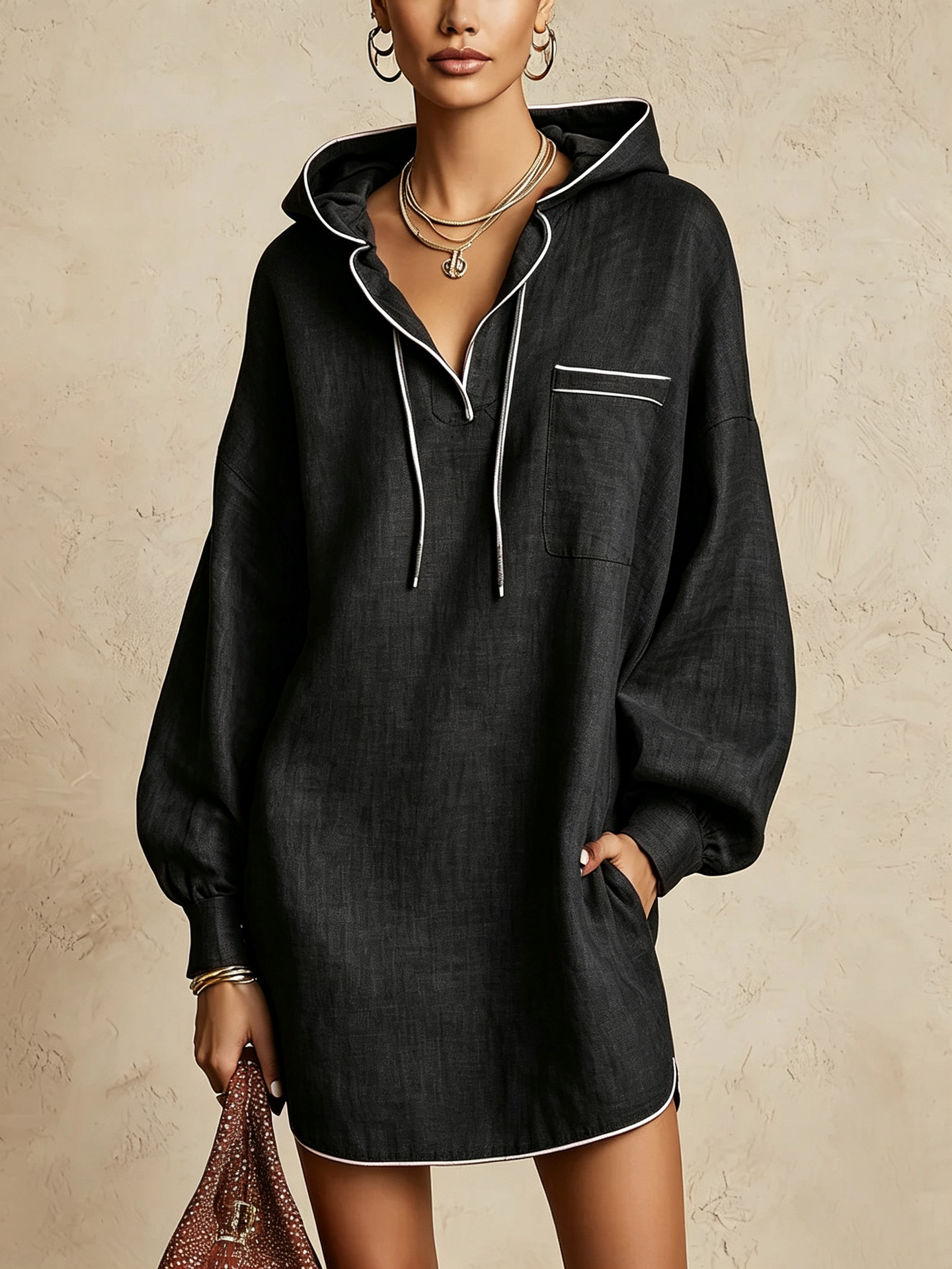 Women's Hooded Mini Dress, Long Sleeve Drawstring Hoodie Dress, Loose Fit Casual Tunic Dress with Contrast Piping and Chest Pocket, Khaki Vacation Outfit