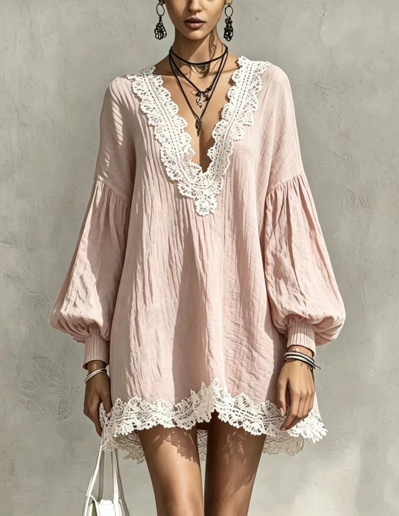 Women's Boho Mini Dress, Black Long Puff Sleeve Dress with White Lace Trim, Deep V Neck Loose Fit Tunic Dress, Romantic Vintage Casual Dress