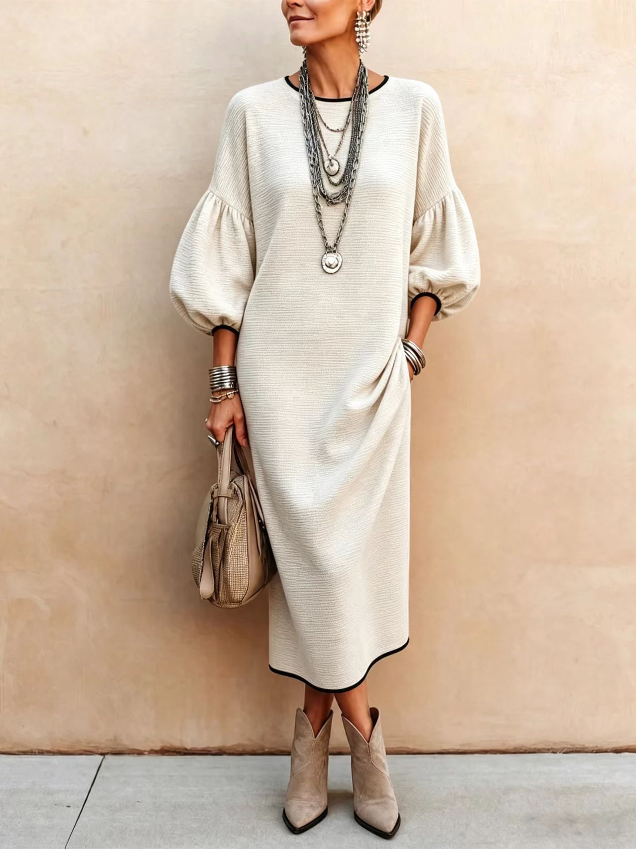 Women's Casual Midi Dress, Textured Long Sleeve Dress with Puff Sleeves, Round Neck Loose Fit Dress with Contrast Black Trim, Elegant Everyday Outfit