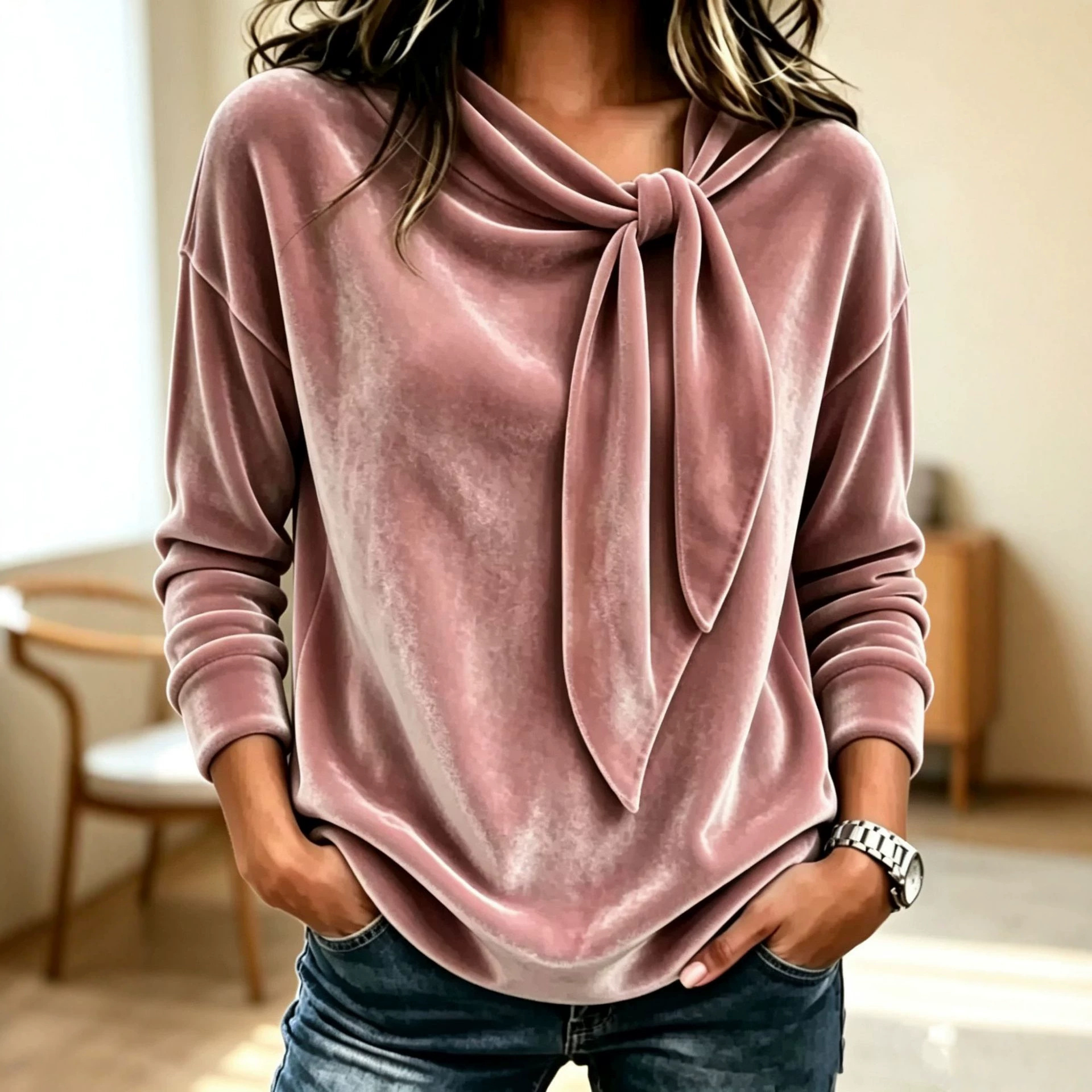 Women's Velvet Bow Neck Top, Long Sleeve Blouse with Tie Neck Detail, Elegant Loose Fit Satin-Look Velvet Shirt for Fall Winter Casual and Dressy Outfits