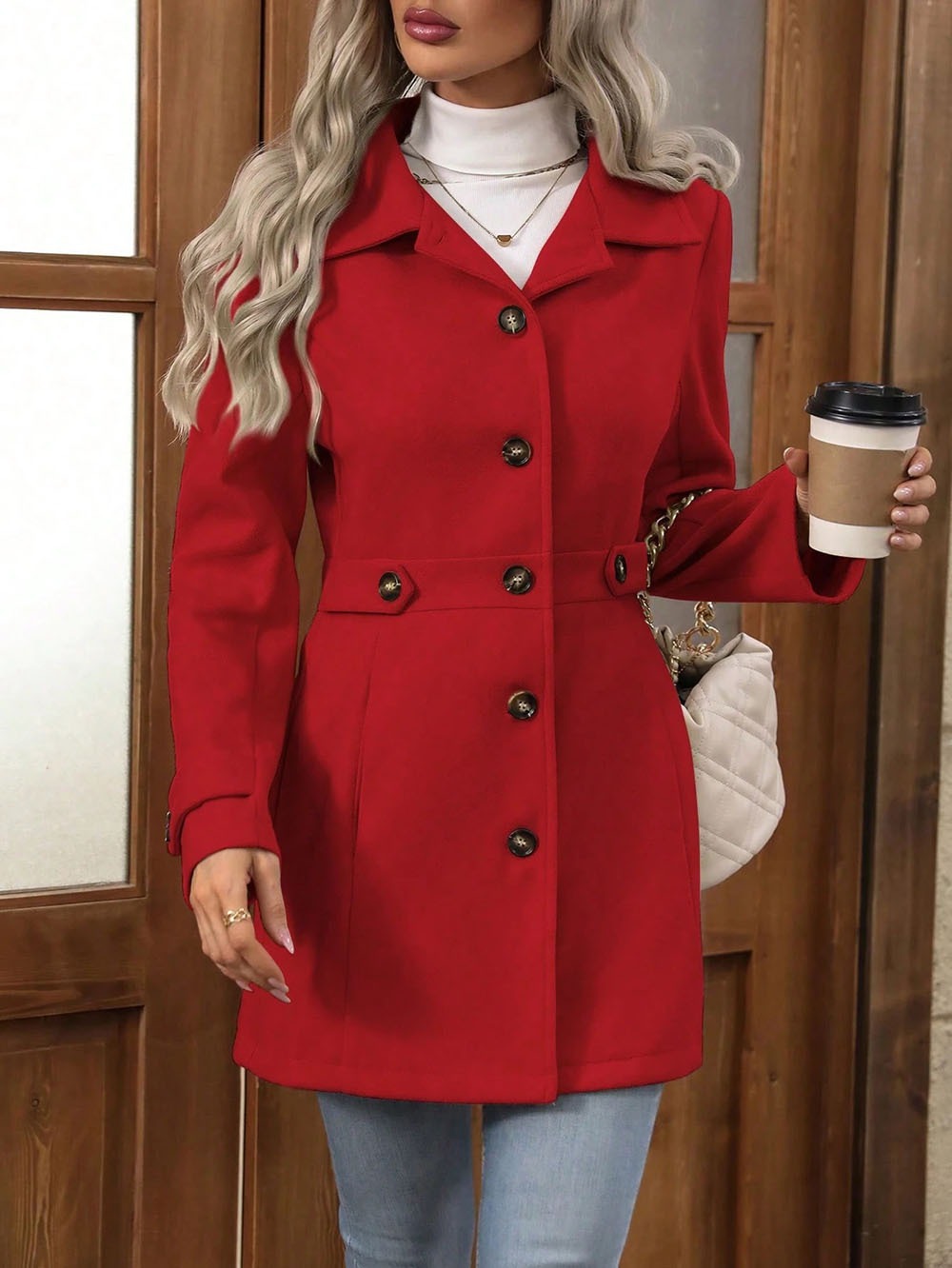 Women's Trench Coat Long Sleeve Button Down Jacket Elegant Casual Belted Outerwear Coat for Fall Winter Office Travel  