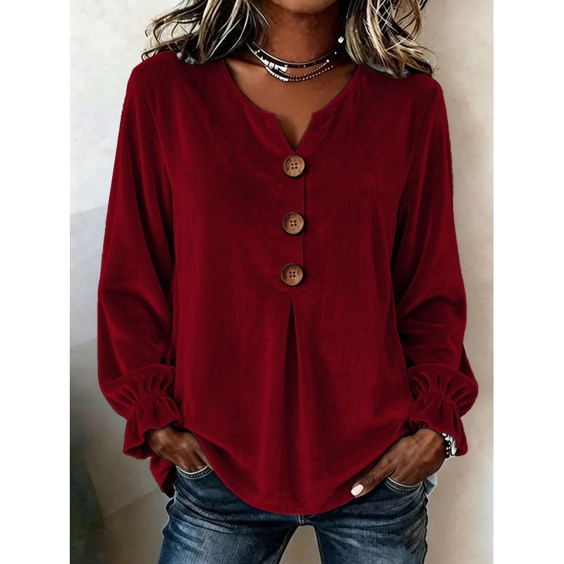 Women's Velvet Long Sleeve Blouse V Neck Button Down Top Soft Casual Loose Fit Shirt Elegant Fall Winter Pullover-gemscharms